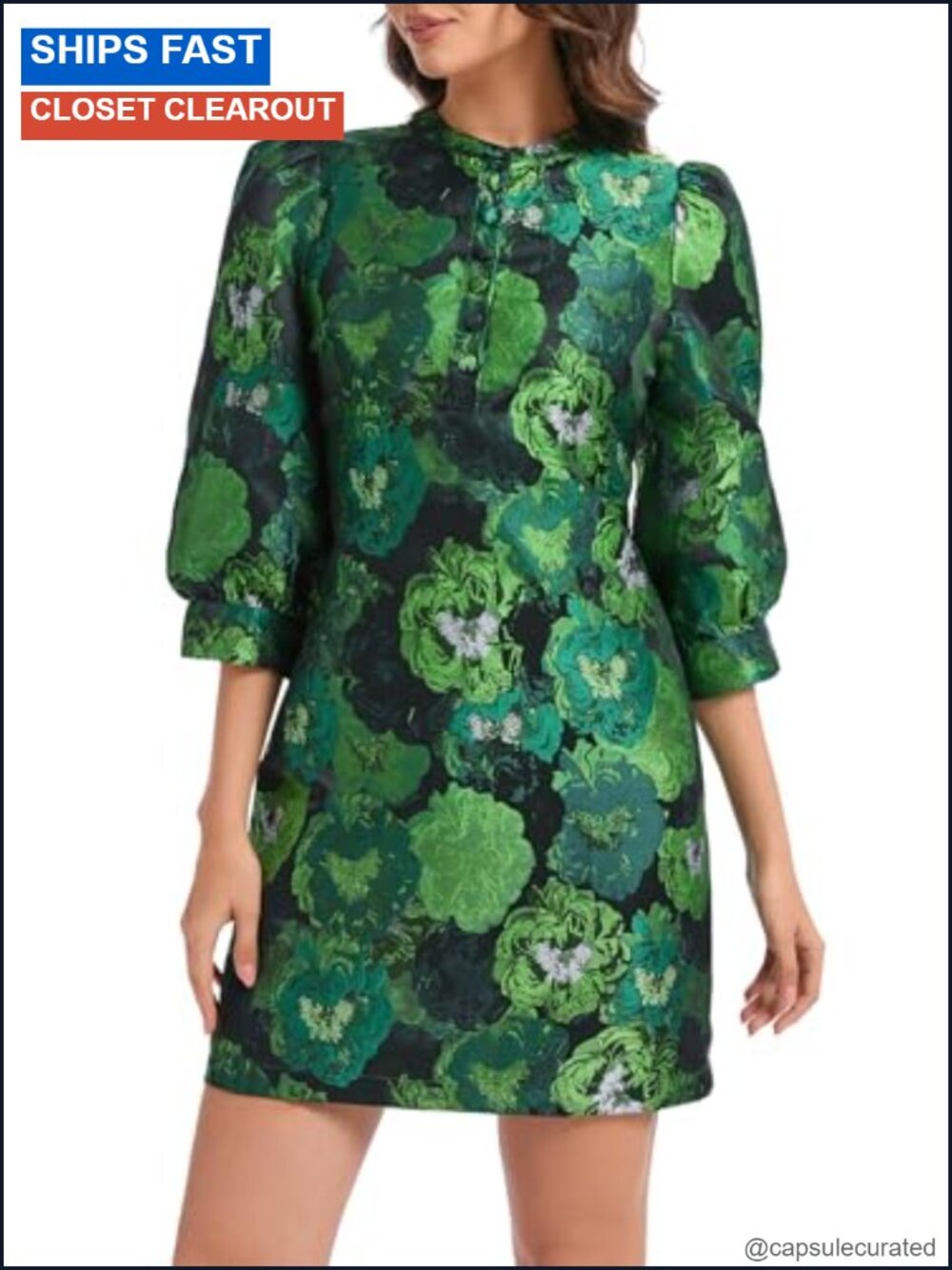 Floral Jacquard Shift Mini Dress 3/4 Sleeve Button Front Cocktail Party